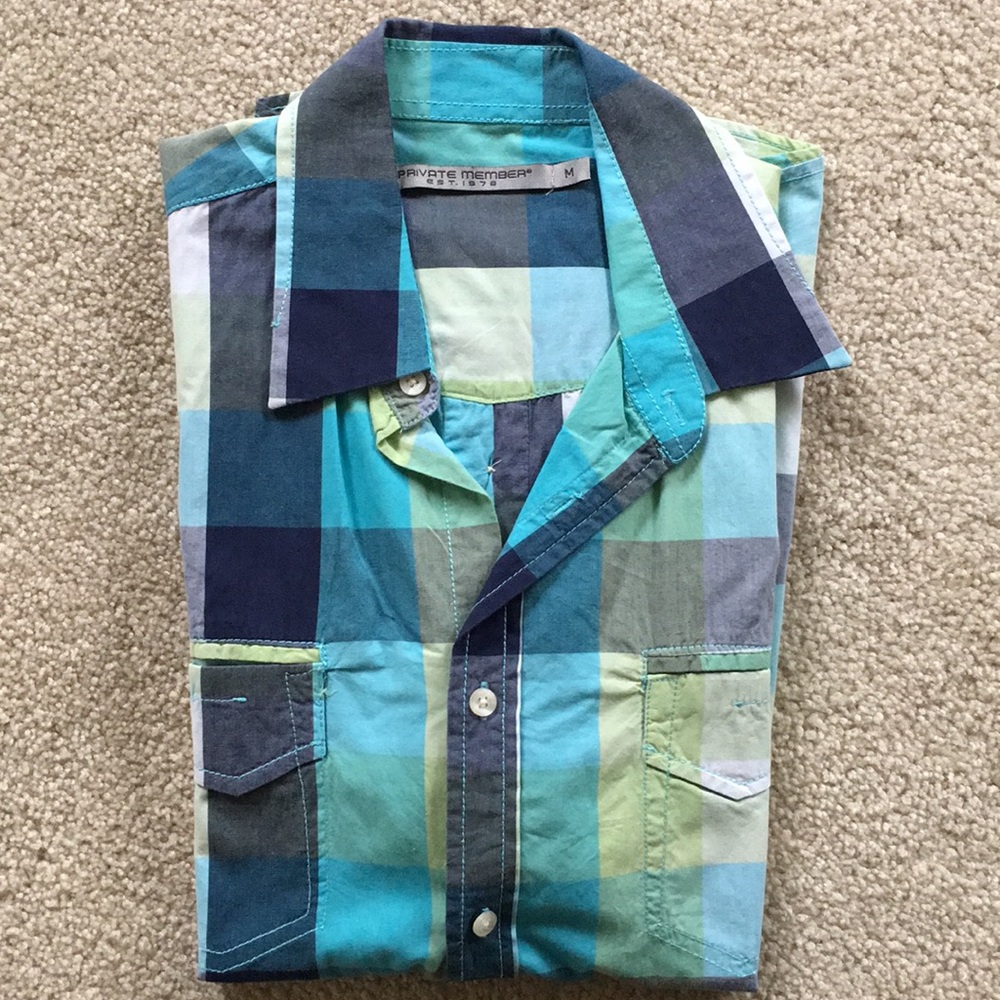 Men’s Blue & Green Plaid Button Down Shirt